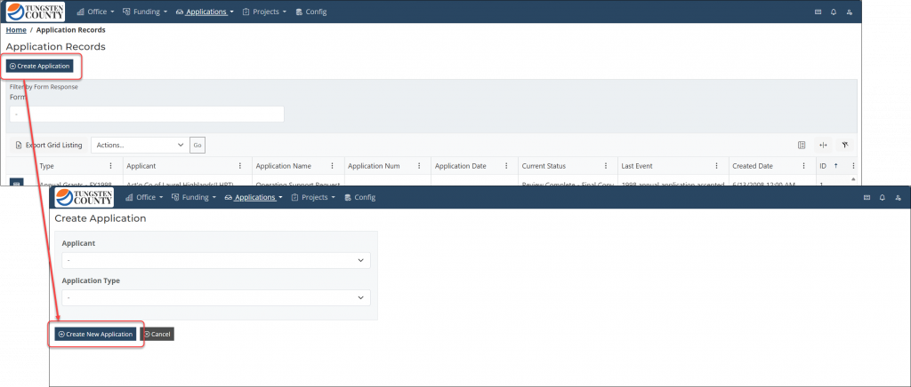 Screenshot of the Bridgeway Application, highlighting the Create Application section
