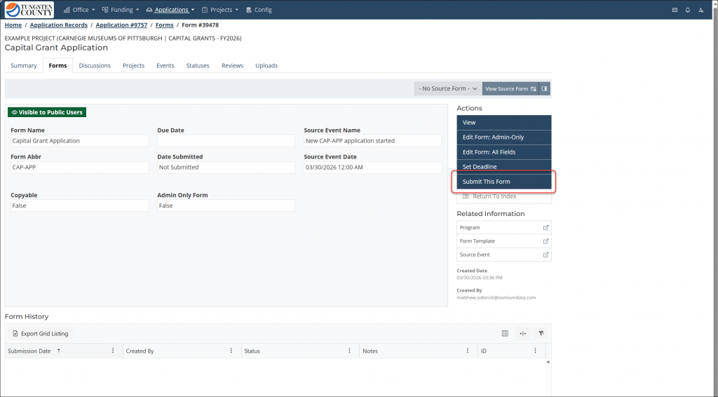 Screenshot of the Bridgeway Application, highlighting the admin form submission