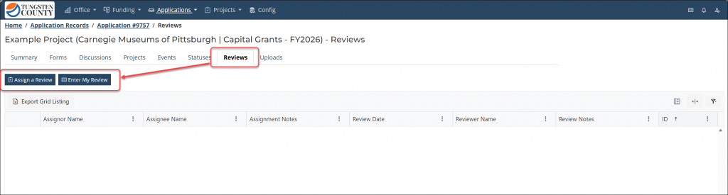 Screenshot of the Bridgeway Application, highlighting the Reviews tab