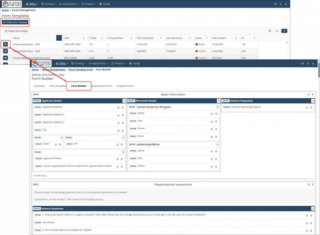 Screenshot of the Bridgeway Application, highlighting the Form Builder