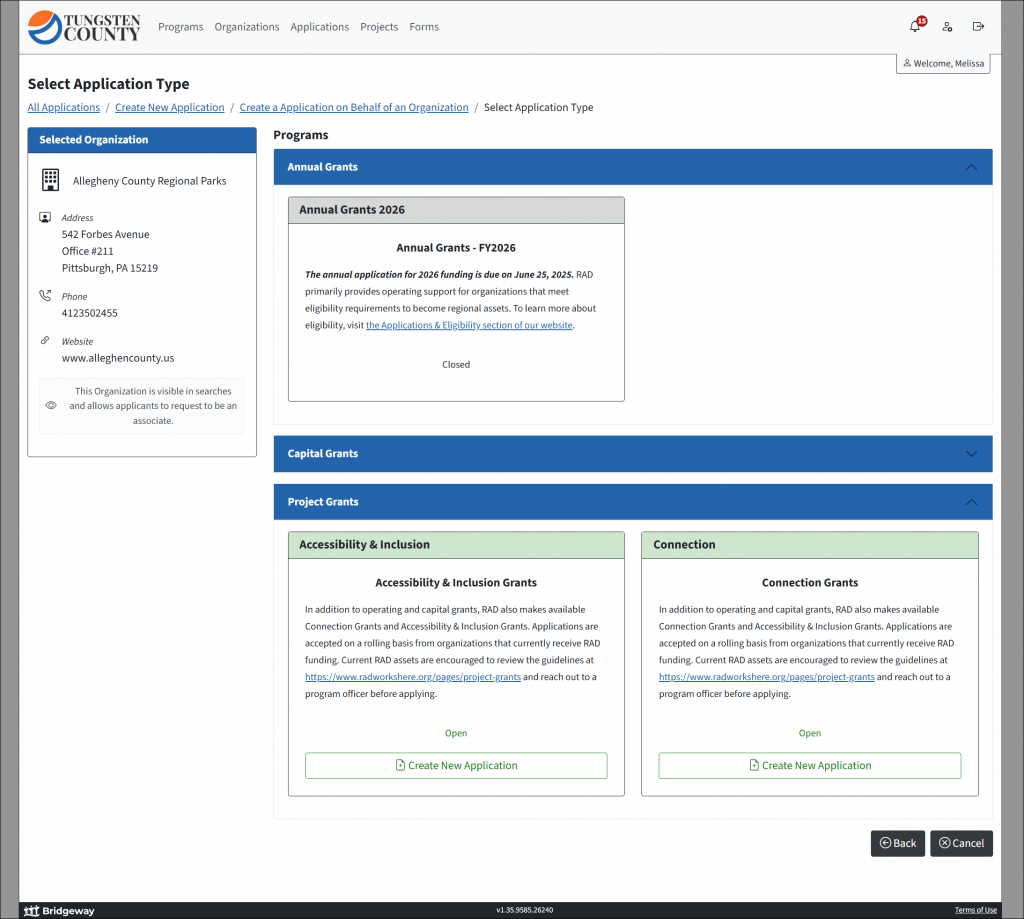 Screenshot of the Bridgeway Application, highlighting the Programs section