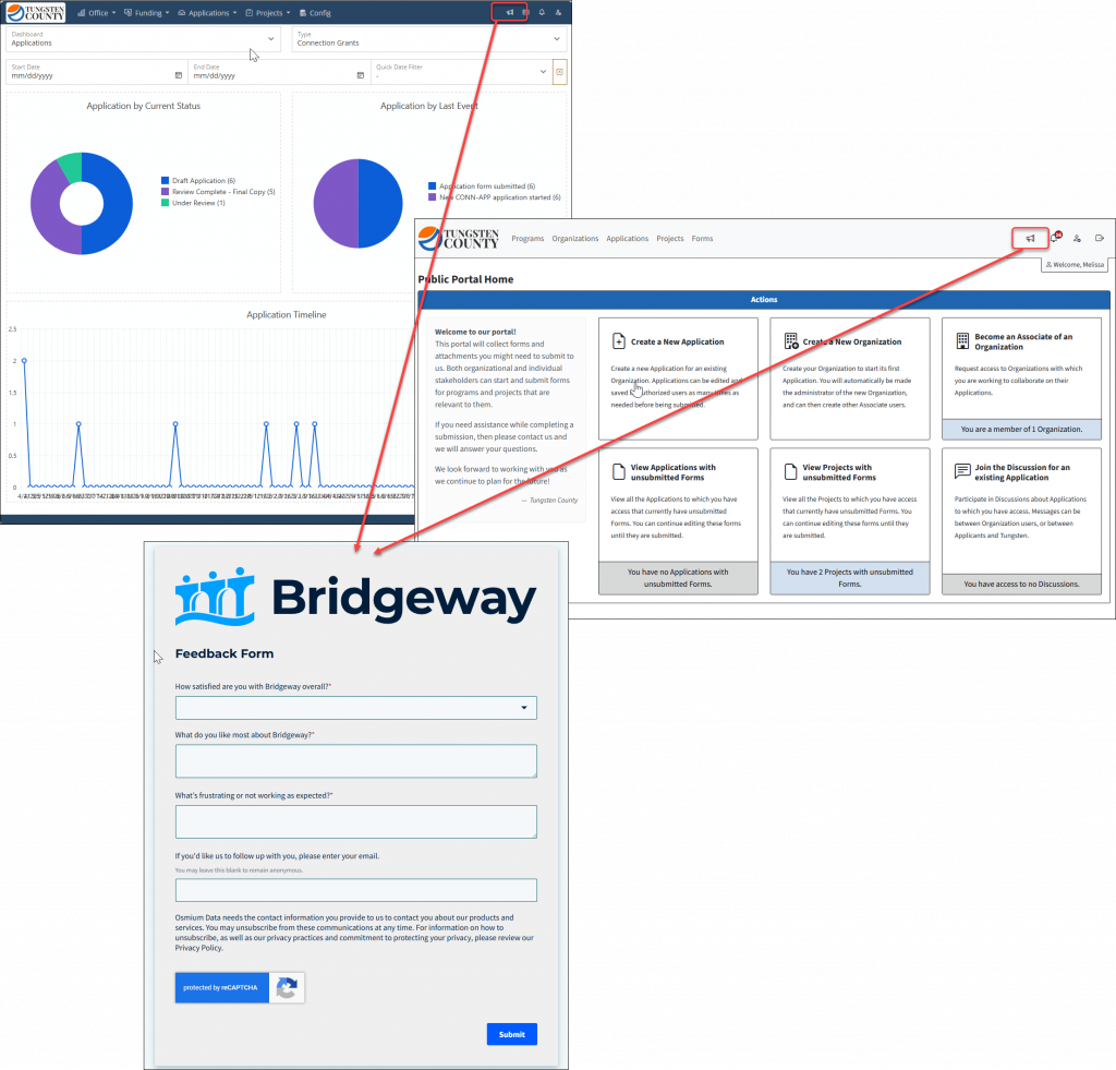 Screenshot of the Bridgeway Application, highlighting the Feedback form