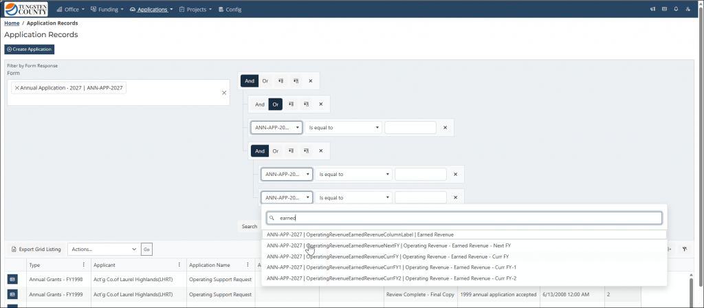 Screenshot of the Bridgeway Application, highlighting the Form Field seach within the Query Builder