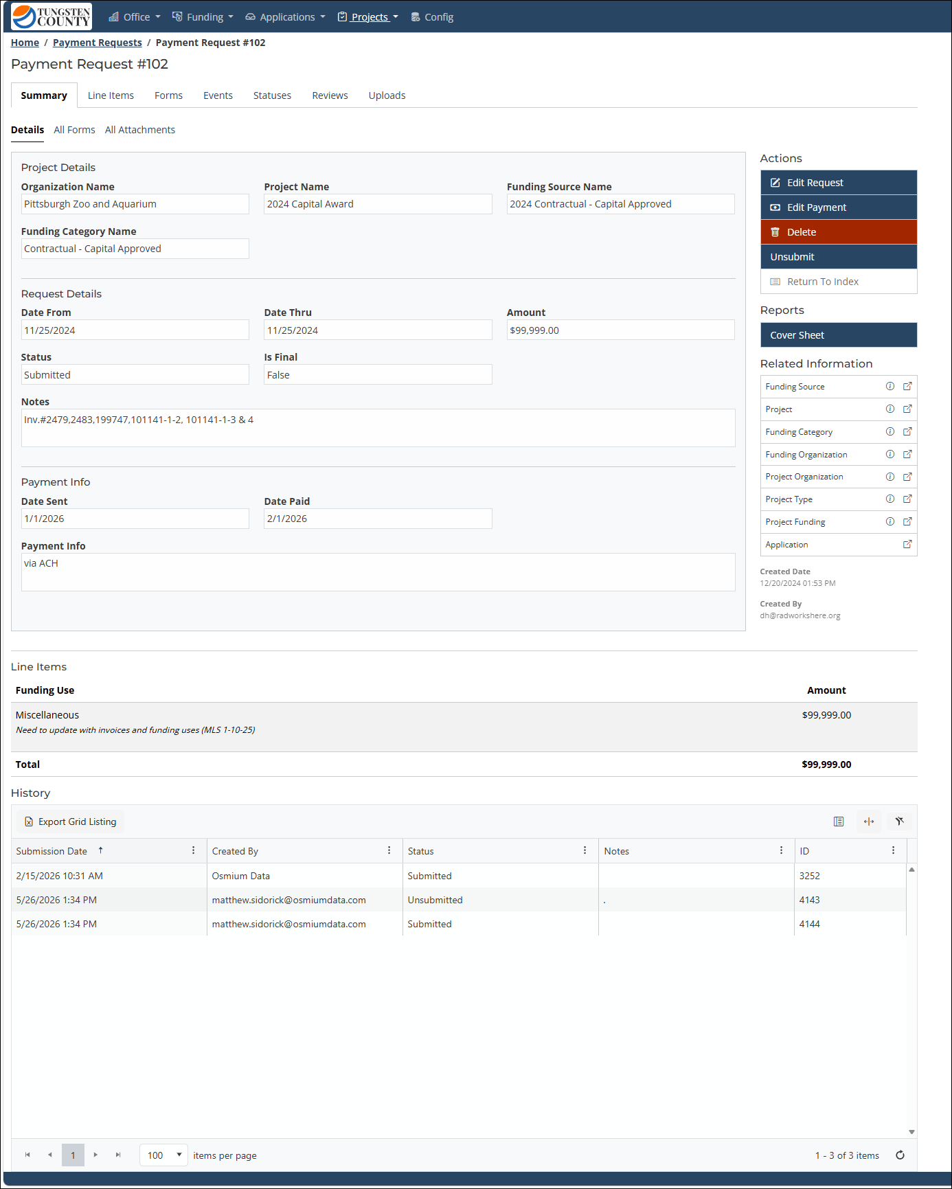 Screenshot of the Bridgeway Application, highlighting the new Payment Request detail screen