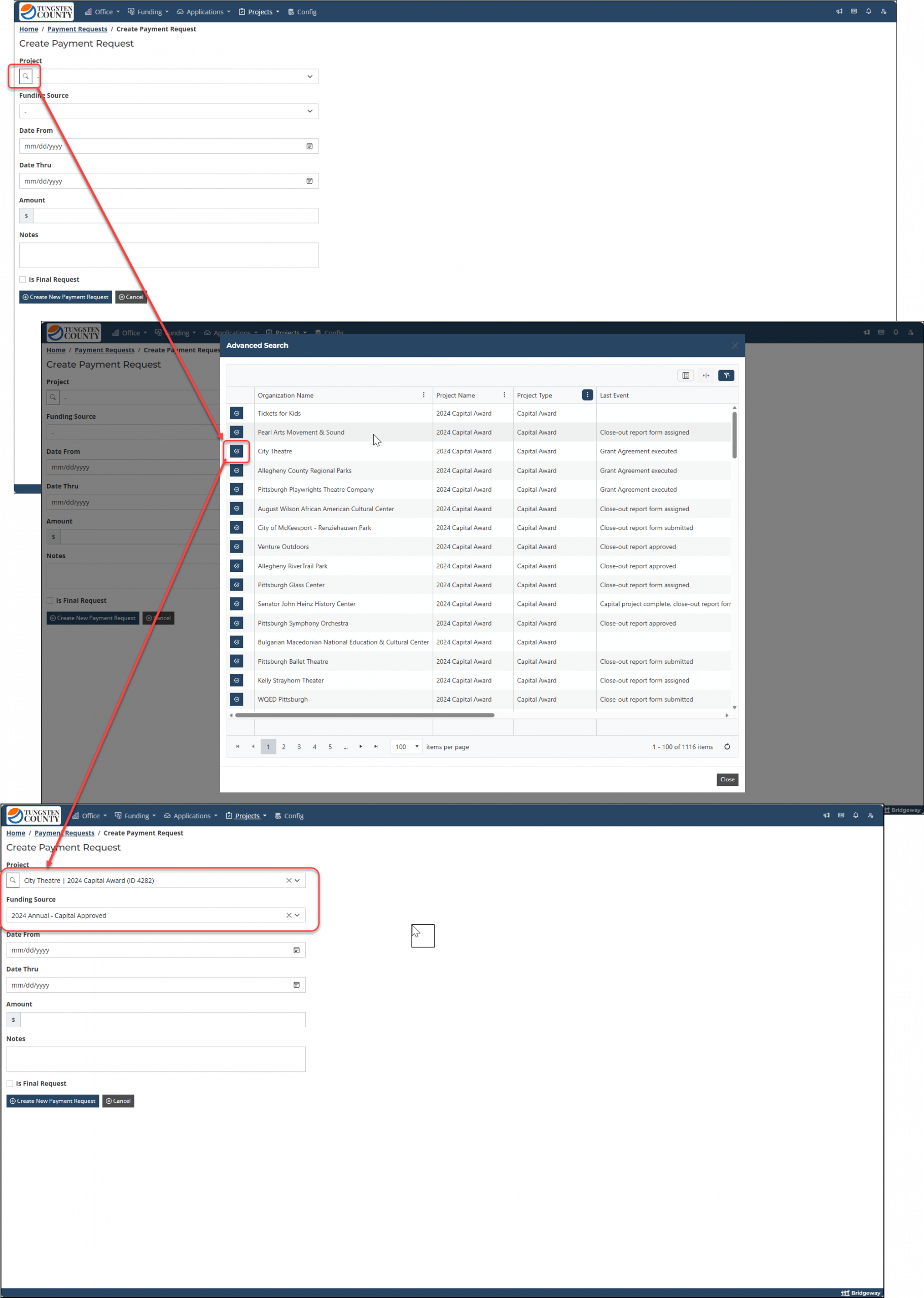 Screenshot of the Bridgeway Application, highlighting searching for Projects from within Payment Requests